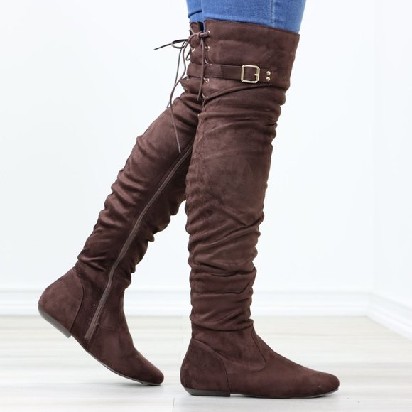 Brown Thigh High Over The Knee Flat Boots Faux Suede Laced Back - Picture 14 of 14